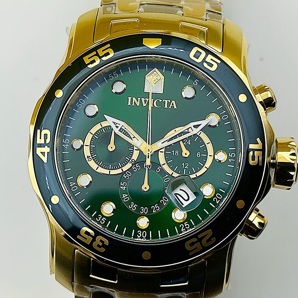 Invicta Men's 48mm PRO DIVER Scuba Chronograph Green Dial 18K Gold Plated Watch